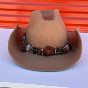 Vtg Keystone 100% Wool Felt Tan Western Cowboy Hat w/ Braided Leather Festival
